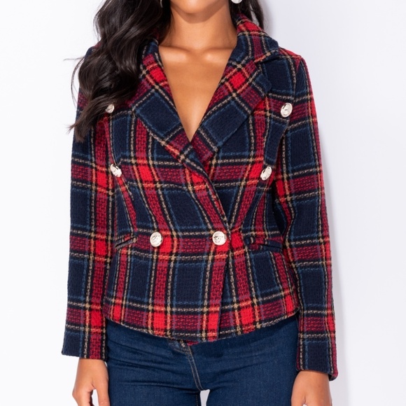 Theron Navy & Red Plaid Double Breasted Blazer - Picture 3 of 8